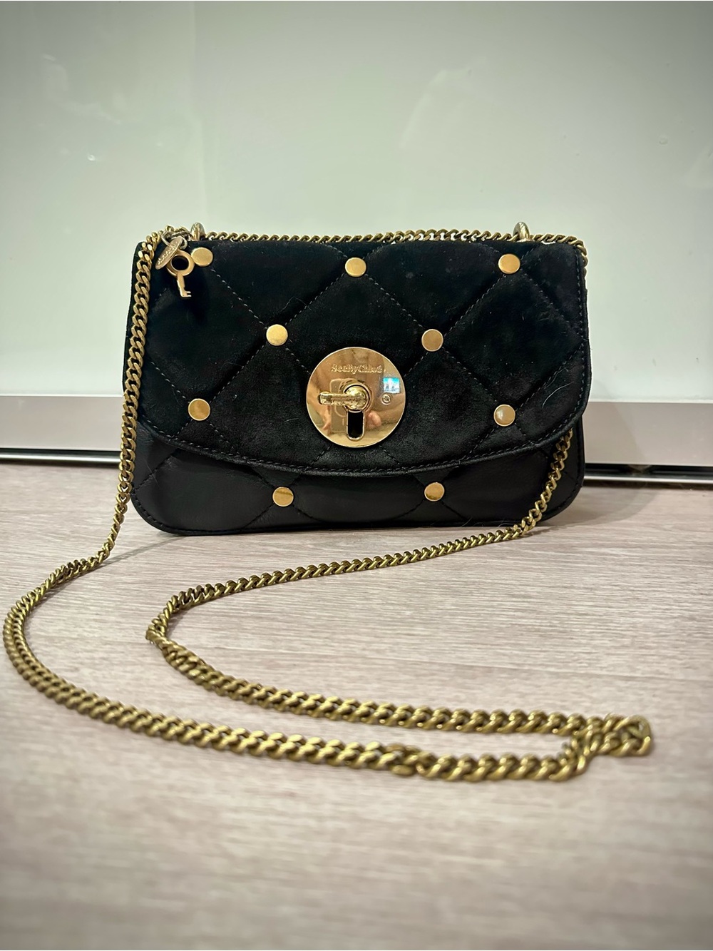 See by Chloé Lois Black Quilted Suede Shoulder Bag Gold Chain Studs. Preowned